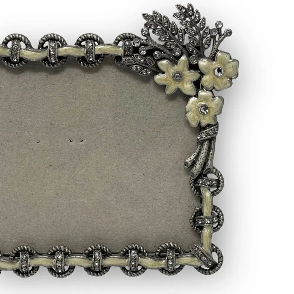 Six Trees Floral Bouquet Rhinestone Cream Pewter Metal Photo Picture Frame Flaw
